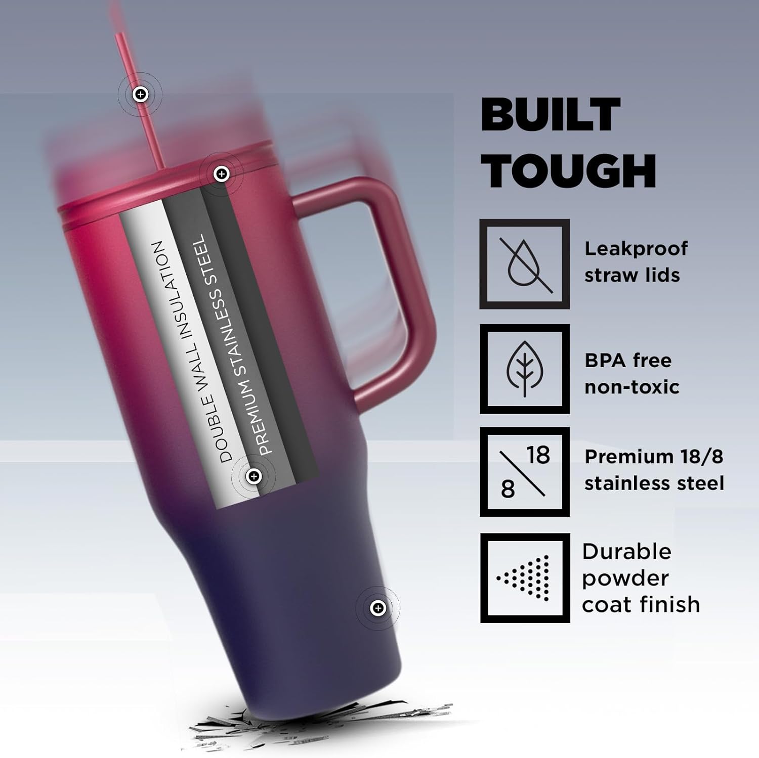 IRON FLASK Co-Pilot – Vaso aislado con popote y tapas abatibles, botella portavasos, para bebidas calientes y frías, a prueba de fugas, agua, taza