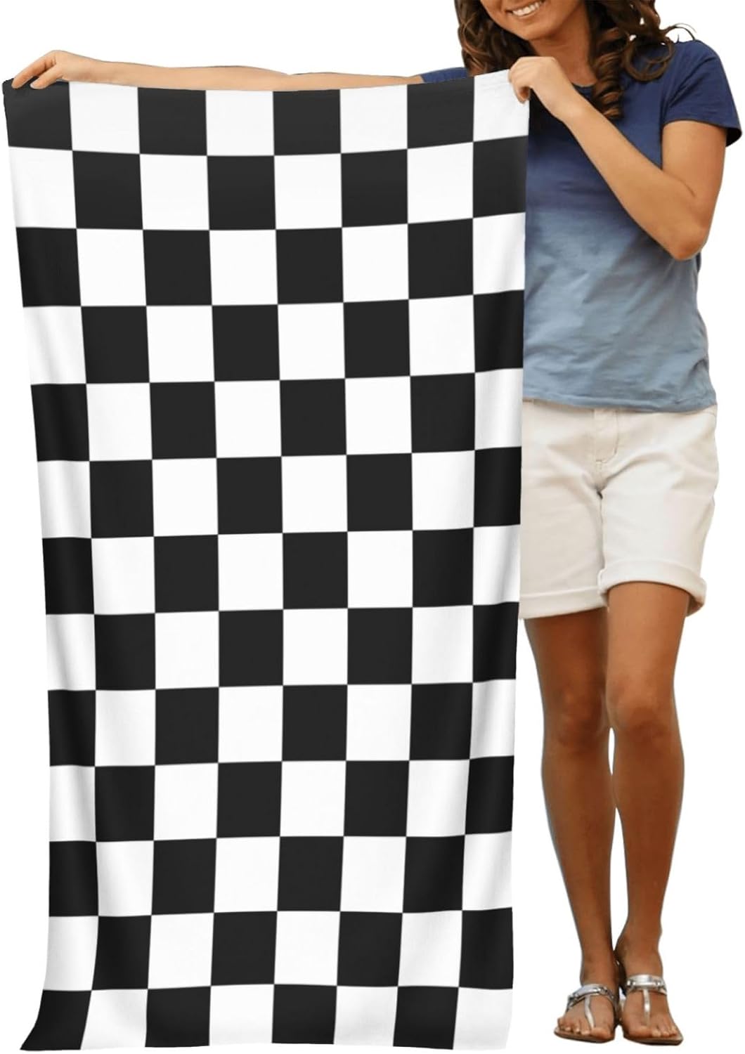 Toalla de playa a cuadros en blanco y negro, grande, suave, absorbente, de secado rápido, toallas de baño de gran tamaño para baño, mujeres,