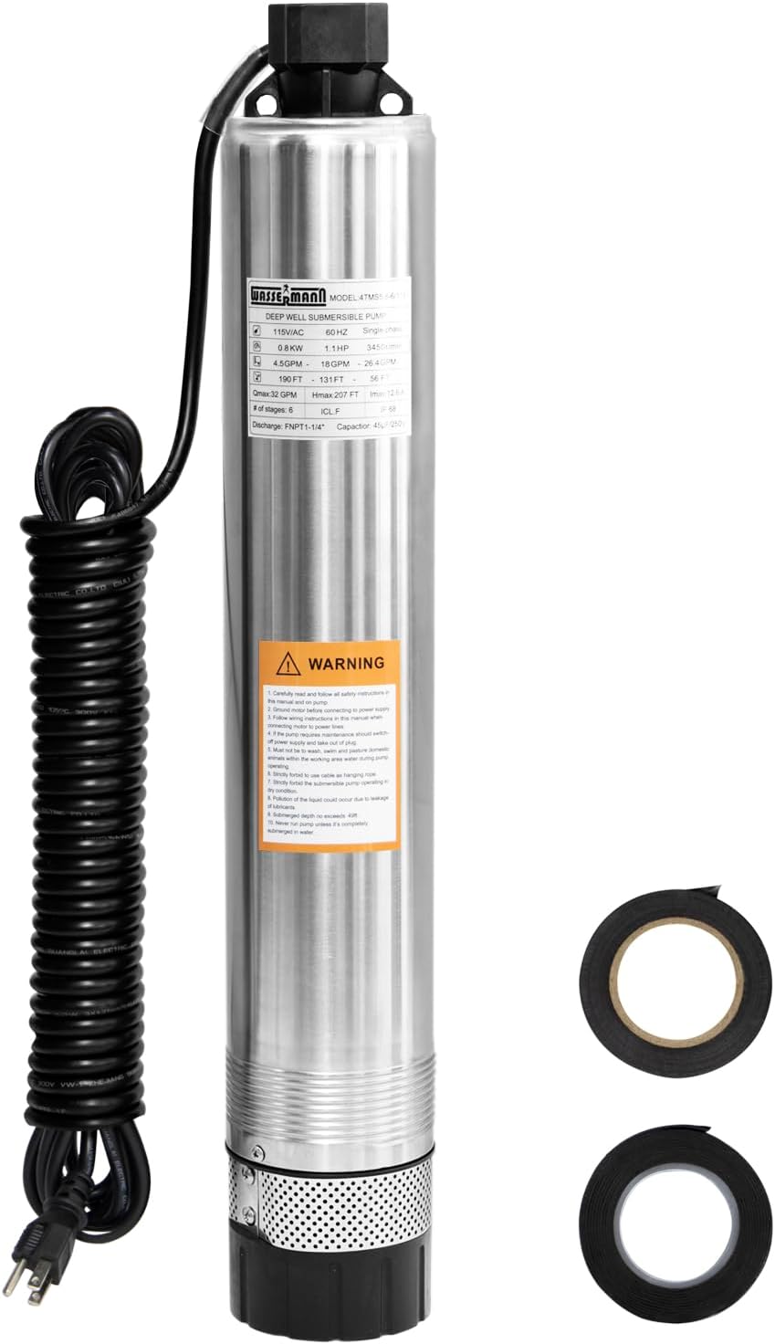 WASSERMANN Bomba sumergible de pozo profundo con cable de 33 pies, 0.8 hp, 115 V, 60 Hz, 25.5 GPM, cabeza de 164 pies, bomba de agua eléctrica de