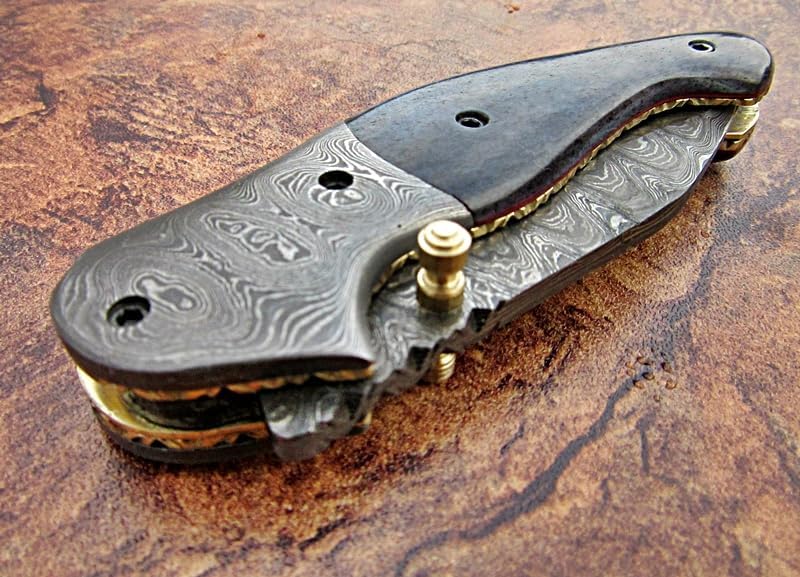 FZ-30 Cuchillo de bolsillo de Damasco hecho a mano para hombres  Cuchillo plegable con bloqueo de revestimiento  Cuchillo de bushcraft para pesca,