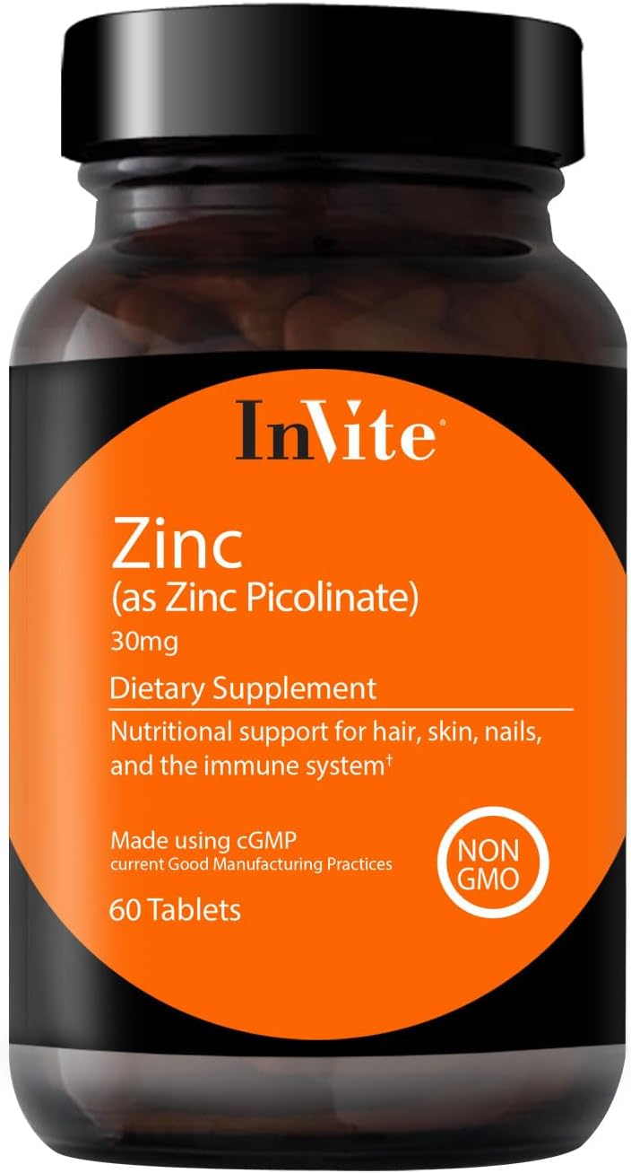 InVite Health Picolinato de Zinc – 30 mg como picolinato de zinc – Apoya la salud inmunológica, de las uñas, de la piel y del cabello – 60 tabletas
