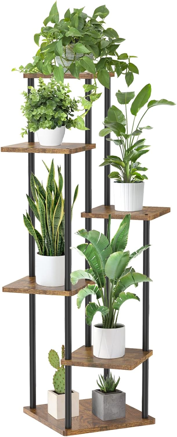 Soportes esquineros de 6 niveles altos para interiores, estante grande de metal para macetas de madera de 45 pulgadas para múltiples plantas,