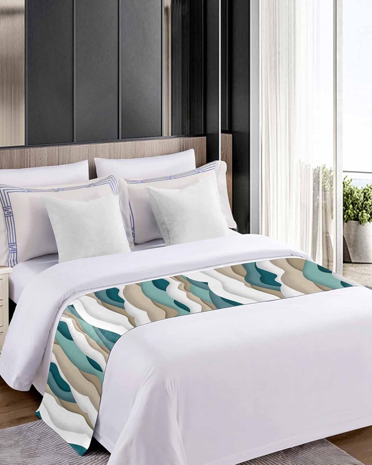 Camino de cama marrón turquesa con olas oceánicas para cama de tamaño King, protector de bufanda, manta de cama decorativa para dormitorio, hotel,