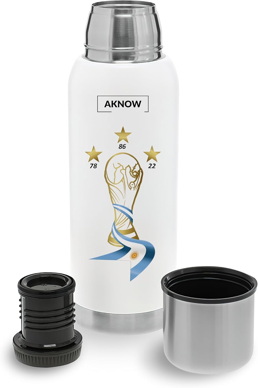Thermo Argentino Copa Mundial Botella de acero inoxidable con bandera argentina 1LT (blanco)