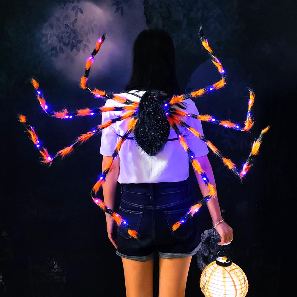 PageebO Araña grande de Halloween con 64 luces LED moradas para decoración de Halloween, bolsa de dulces, juegos de truco o trato