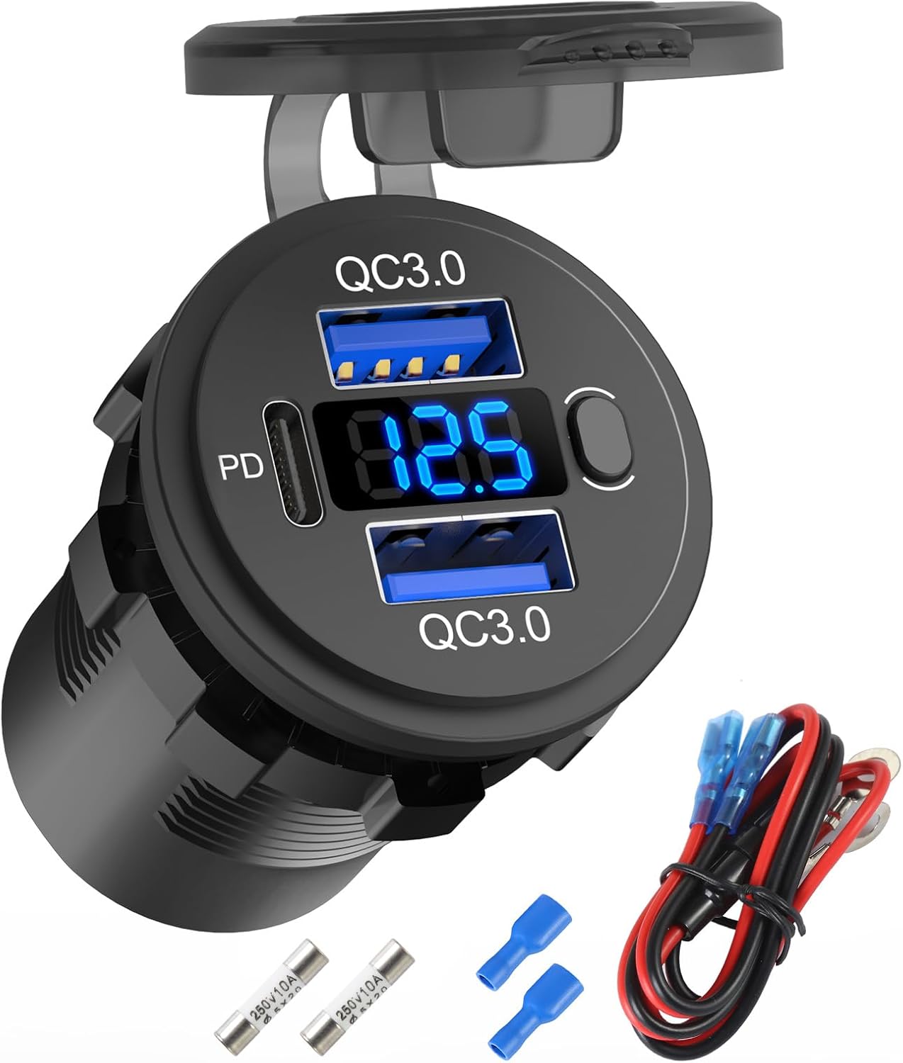 Toma de corriente USB de 12 voltios de carga rápida dual 3.0 puerto y PD3.0 USB C cargador de batería de coche, toma de corriente impermeable de 12