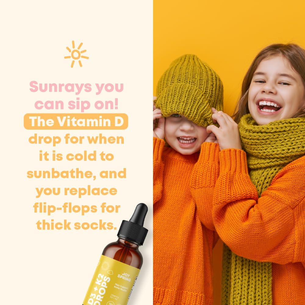 JoySpring Las gotas de vitamina D3 K2 para niños pueden apoyar huesos fuertes y un sistema inmunológico saludable y gomitas calmantes – Suplemento