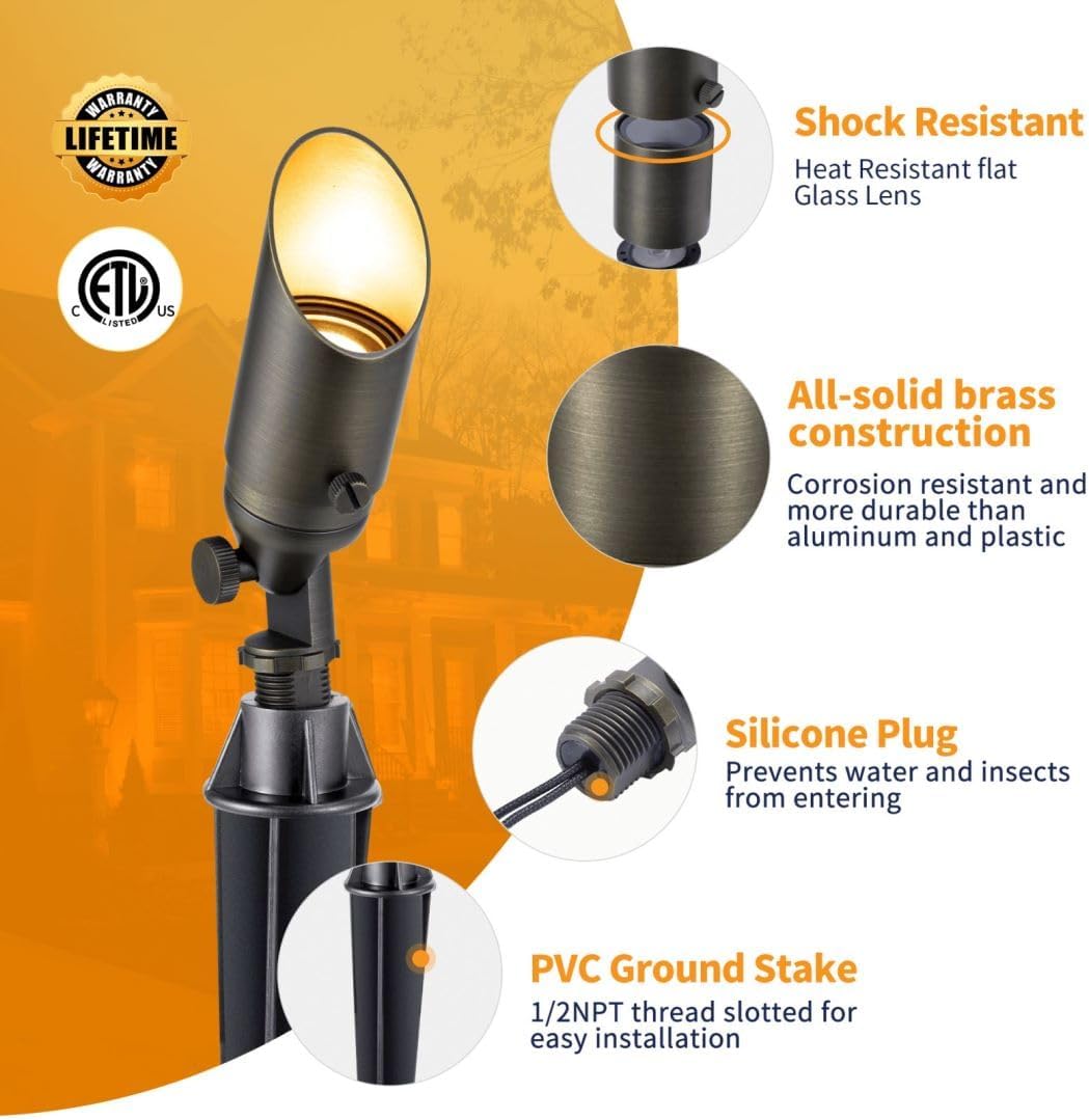Gardenreet Luces LED de latón para paisaje, impermeables, para exteriores, 12 V, focos de bajo voltaje para paredes, árboles, banderas con estaca de