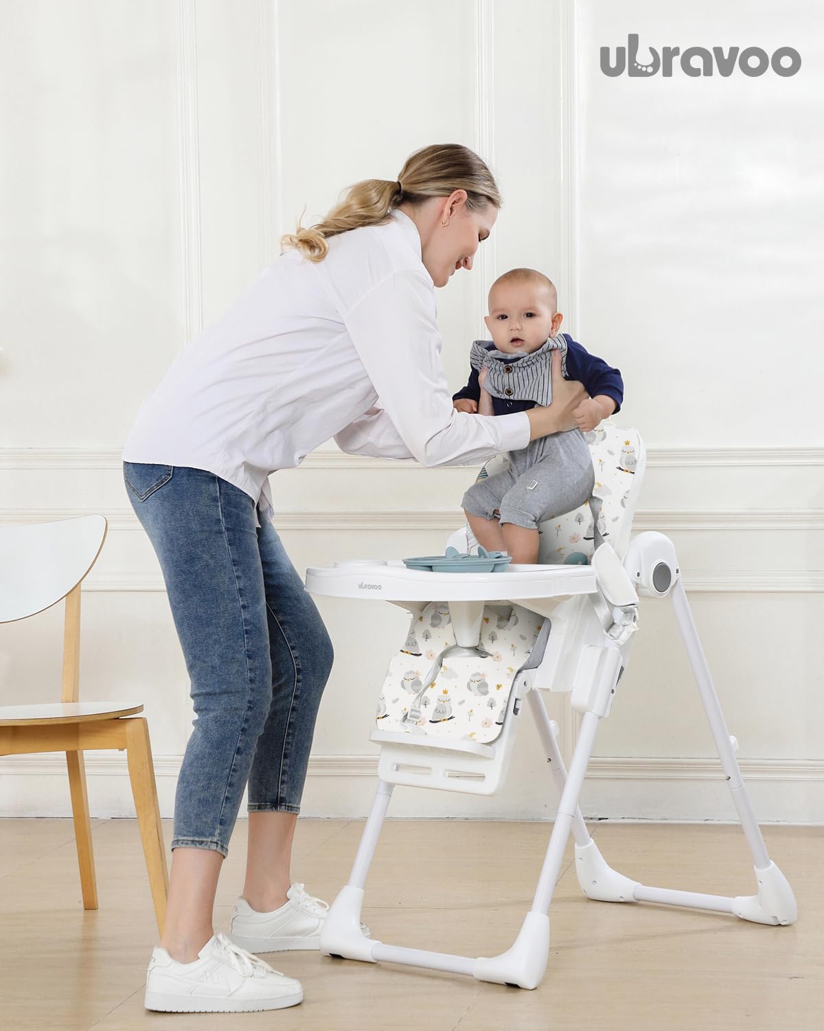 ACE1023-GS – Trona para bebés de 6 meses con reino de fantasía, plegable, reclinable, bandeja doble, silla alta de alimentación fácil de limpiar