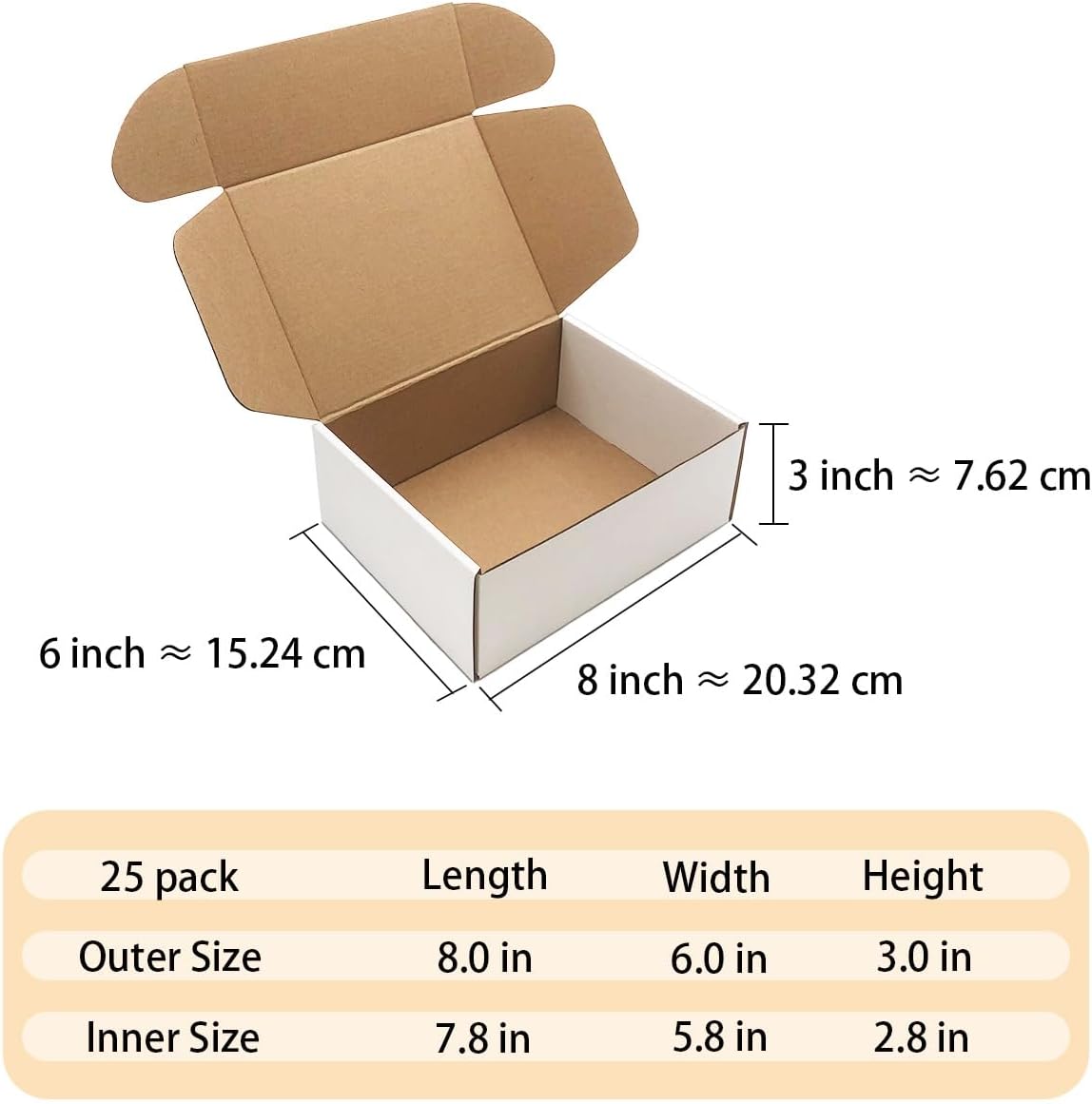 Juego de 25 cajas de envío de 8 x 6 x 3 pulgadas, cajas de cartón corrugado blanco para enviar literatura, sobres para pequeñas empresas, regalos,
