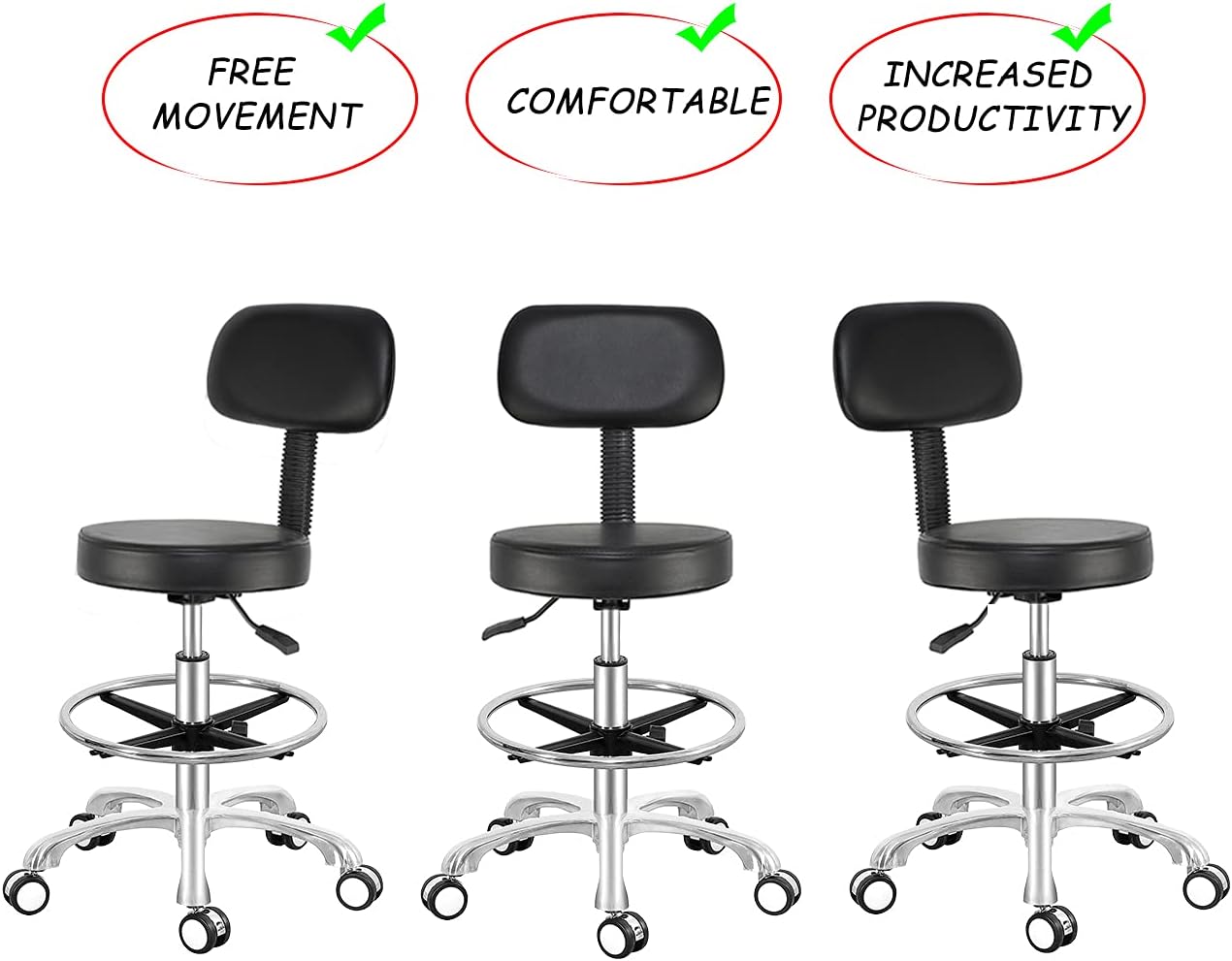 Antlu Taburete ajustable con ruedas y respaldo para oficina, tienda, cocina, salón médico, taburete giratorio con ruedas y respaldo (negro, con