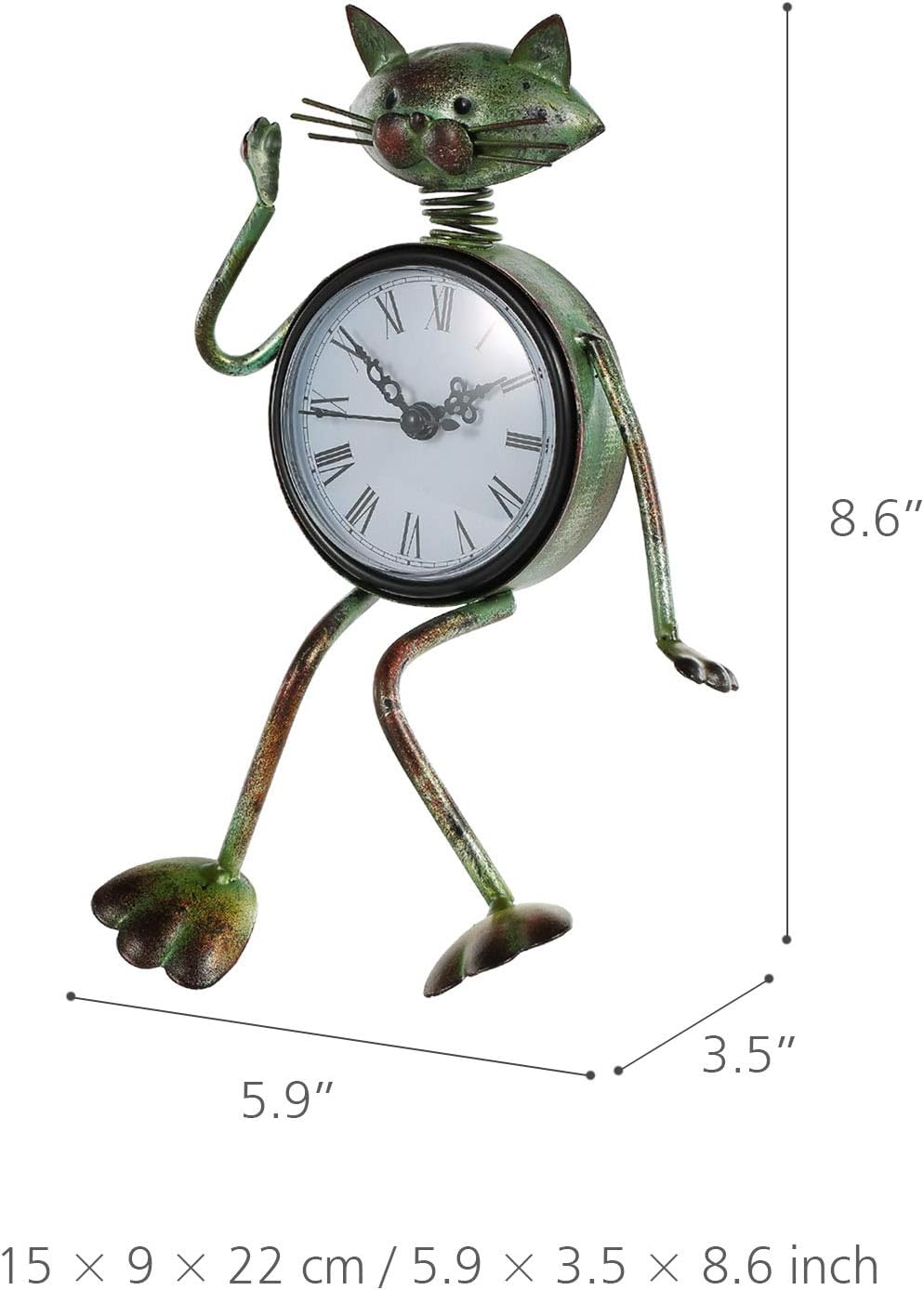 HUIOP Reloj de gato hecho a mano, estilo vintage, de metal, de hierro, estatuilla de gato, reloj de mesa silencioso, práctico reloj con batería AA