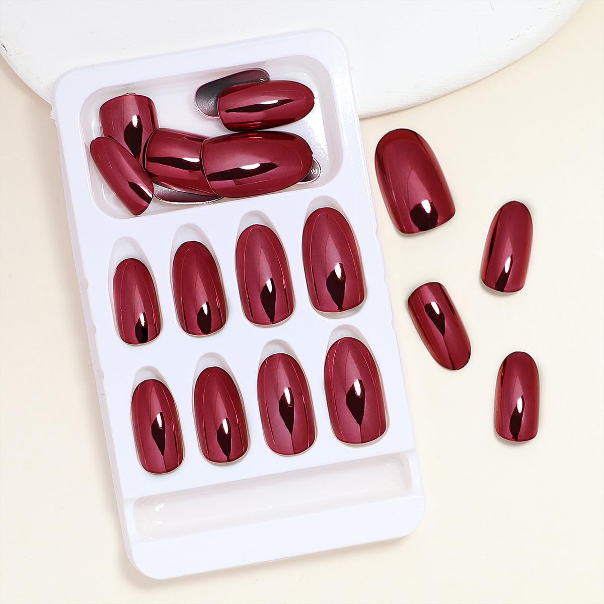 Uñas postizas a presión medianas ovaladas, uñas postizas acrílicas de almendra, uñas postizas color rojo vino con diseños de efecto espejo mágico