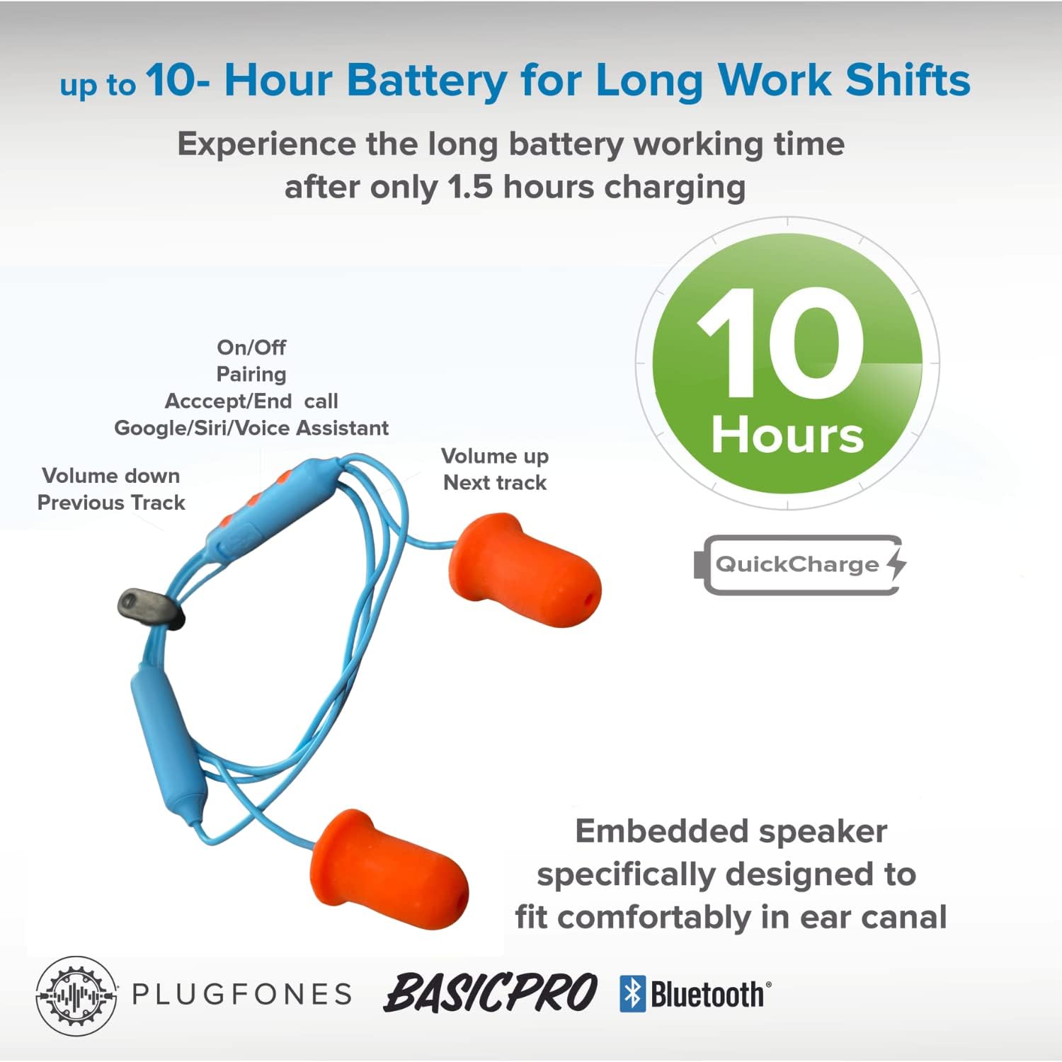 Plugfones Basic Pro – Auriculares intrauditivos inalámbricos Bluetooth  Reducción de ruido con micrófono de aislamiento de ruido y controles (azul y