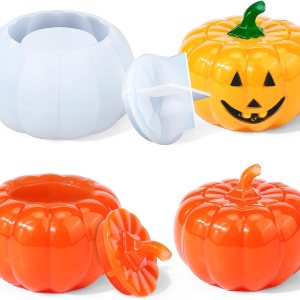 Juome Moldes de resina para tarros de calabaza, tarros de Halloween, otoño, moldes de silicona con tapa para fundición de resina epoxi para caja de Juome Moldes de resina para tarros de calabaza, tarros de Halloween, otoño, moldes de silicona con tapa para fundición de resina epoxi para caja de