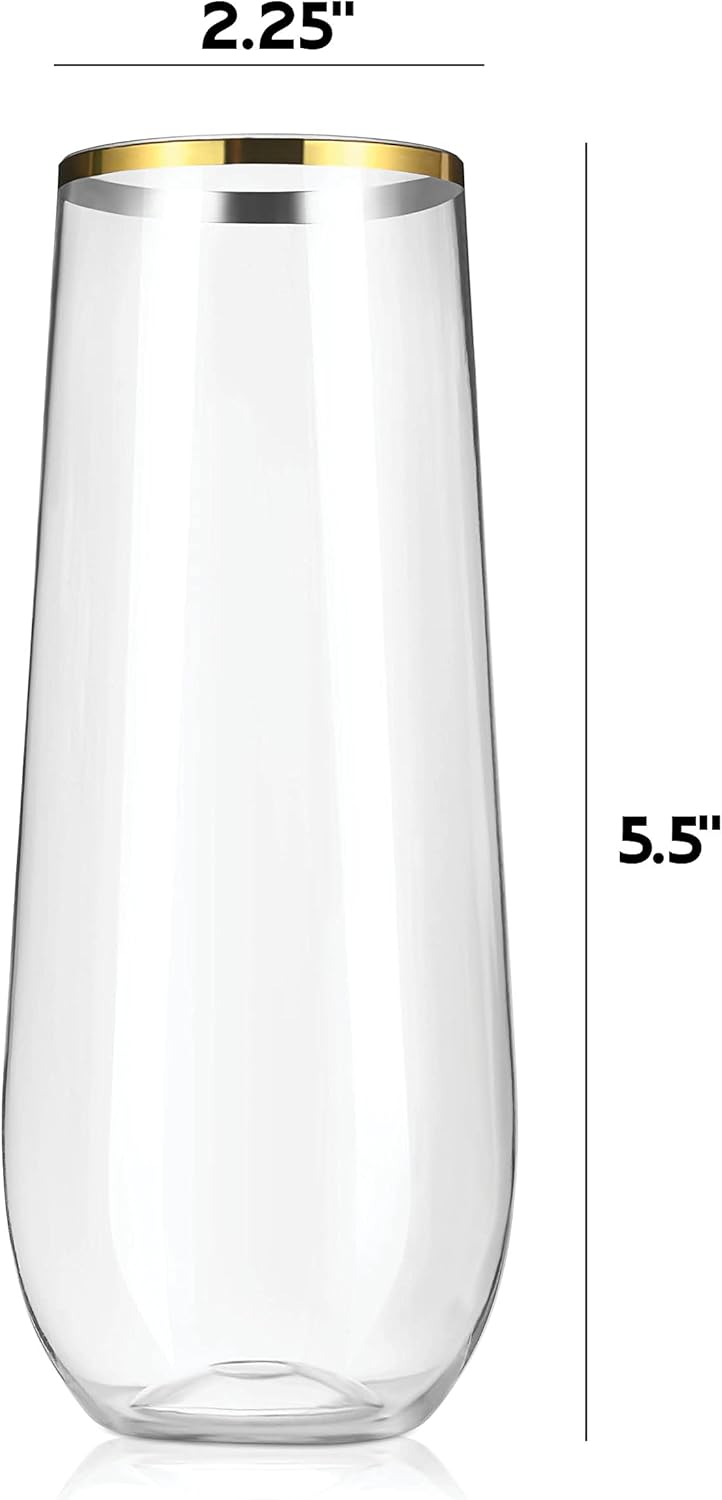 Paquete de 36 copas de champán de plástico sin tallo, vidrio transparente de 9 onzas con elegante borde dorado, vasos desechables para vino,