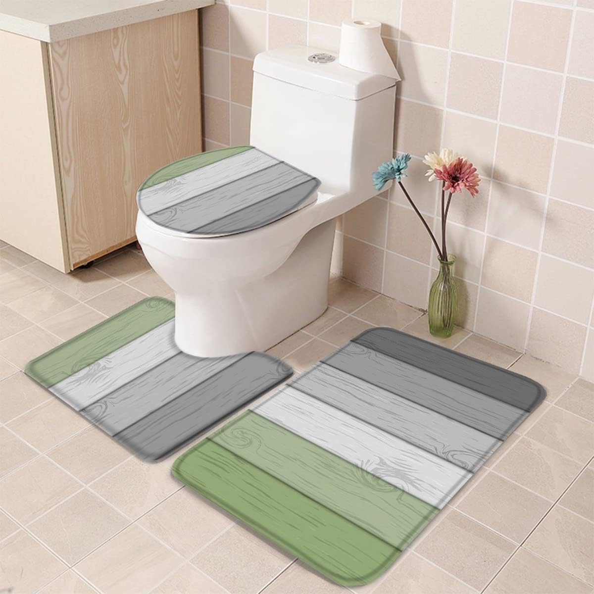 Juego de 3 alfombras de baño antideslizantes de grano de madera verde salvia con rayas grises y verdes, tapete en forma de U y tapa de inodoro,