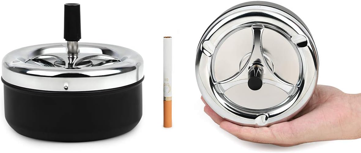Cenicero redondo con bandeja giratoria, bandeja de metal para cigarrillos, cenicero grande de 5.2 pulgadas para patio exterior, color plateado