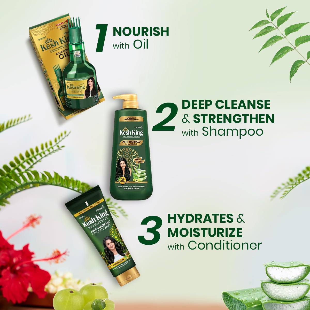 Emami Kesh King Ayurvedic – Champú anti caída de cabello que reduce la caída, 21 ingredientes naturales con la bondad del aloe vera, bhringraja y