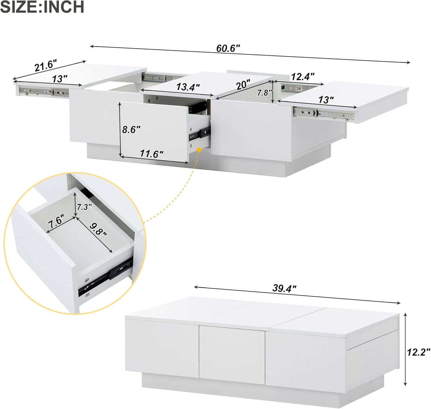 Mesa auxiliar multifuncional con 2 grandes compartimentos de almacenamiento ocultos, mesa de cóctel extensible con 2 cajones, mesa central de alto
