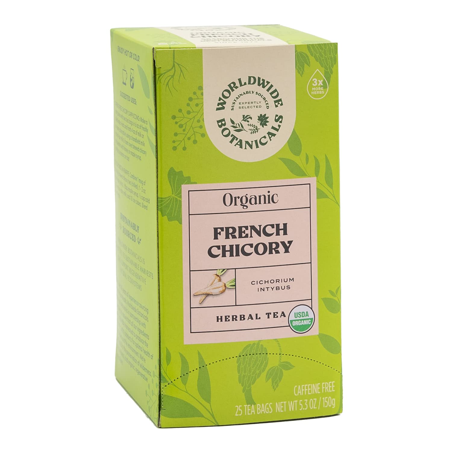 Worldwide Botanicals Té orgánico de raíz de achicoria francesa  3 hierbas con 0.23 onzas por bolsa de té  Té de hierbas tostadas prebiótico  Sin