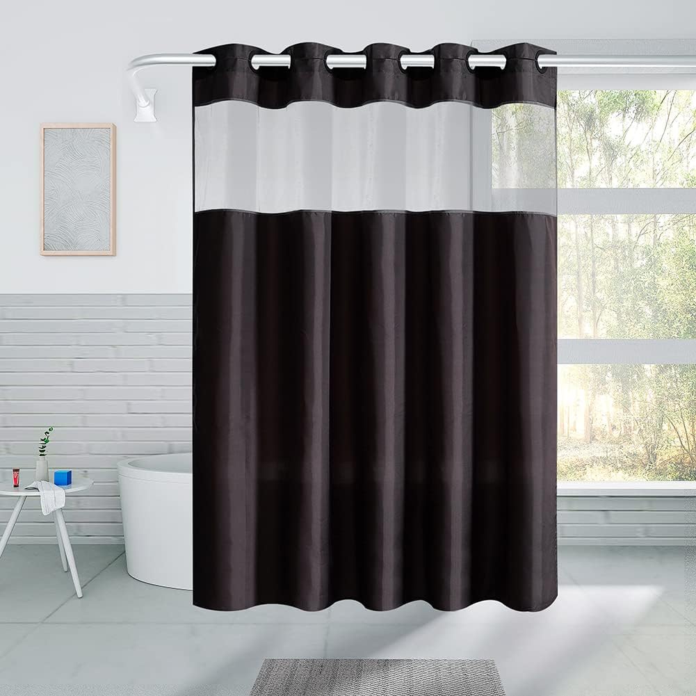Cortina de ducha extra larga sin gancho, 84 pulgadas de largo, cortinas de ducha lavables de tela de poliéster para baño con ventana transparente,