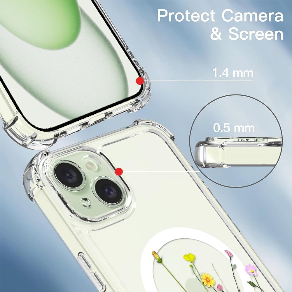 OOK Funda magnética para iPhone 15, diseño floral, transparente, compatible con MagSafe, funda protectora rígida de policarbonato para iPhone 15,