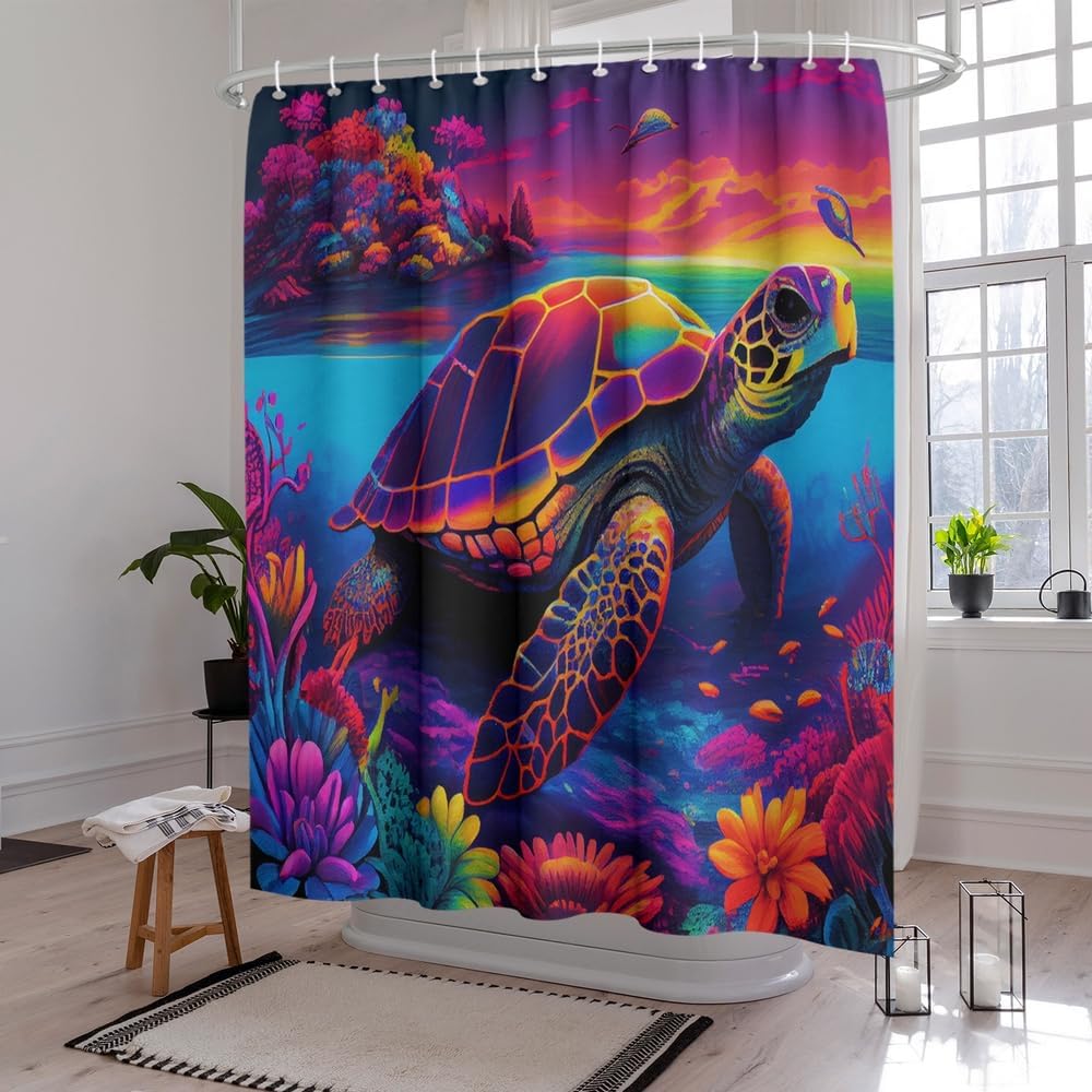 Juego de cortinas de ducha de tela con temática náutica de tortugas marinas y océano, decoración de baño con ojales y ganchos, 72 x 72 pulgadas