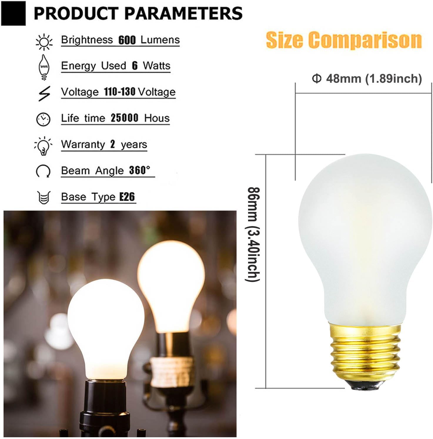 Bombilla LED E26 esmerilada de 6 W igual E26 Edison bombilla 60 W blanco neutro 4000K E26 bombilla regulable AC120V 600lm A15 bombilla LED para