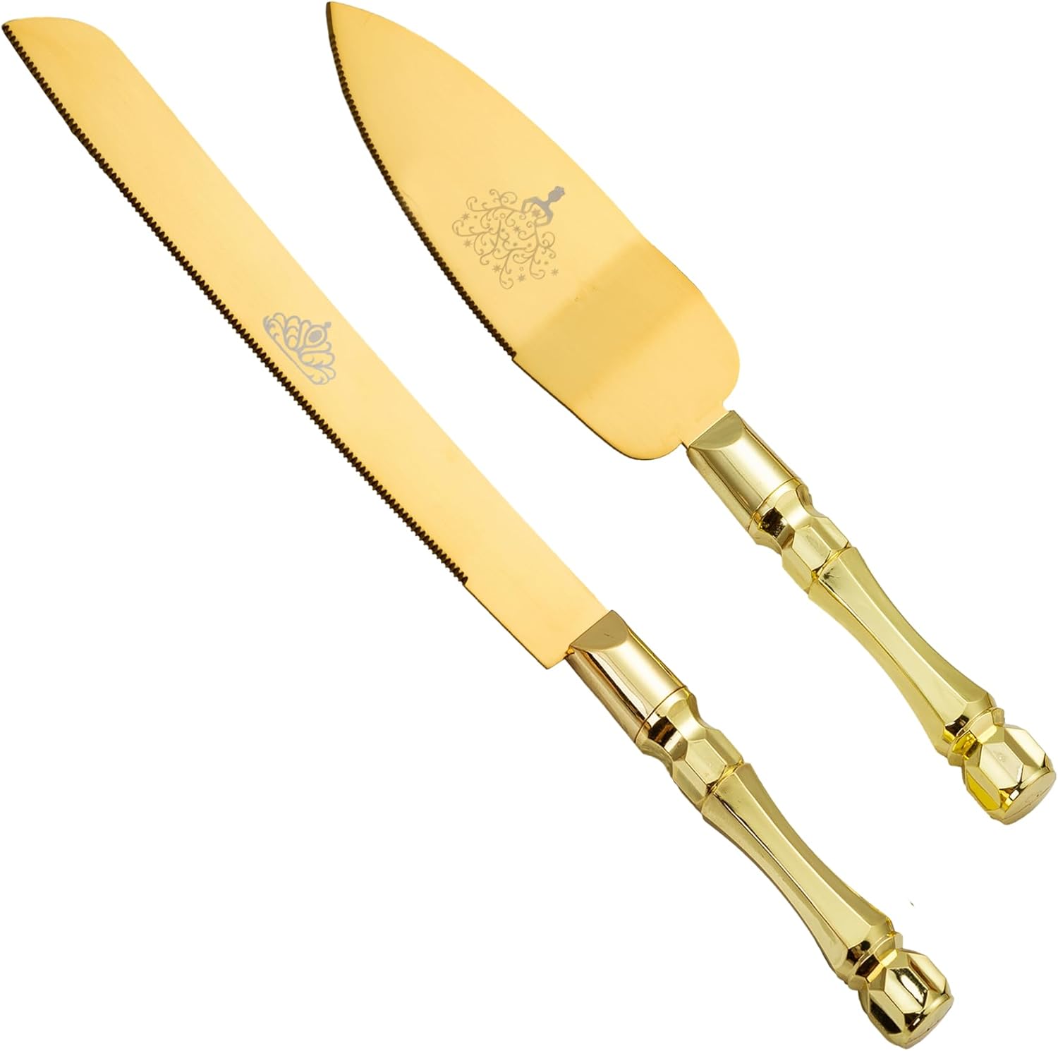 Juego de cuchillos y servidores para tartas de boda, elegantes asas de plástico doradas, juego de corte de pasteles para bodas, cumpleaños,