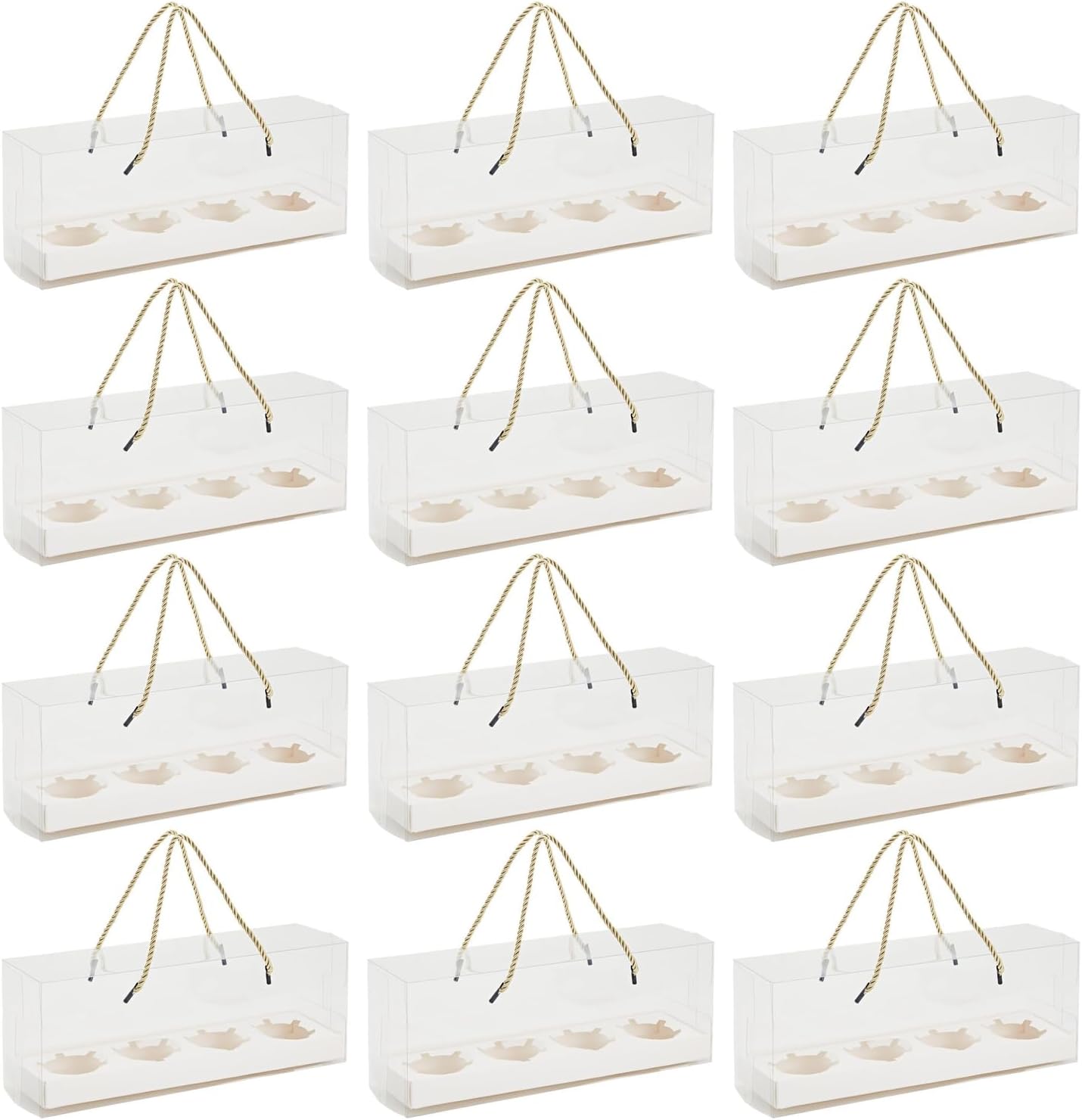 Sparkle and Bash Cajas transparentes para cupcakes con mango de cuerda dorada e inserciones blancas, 4 compartimentos (12.7 x 4.7 x 3.6 pulgadas),
