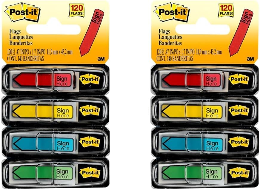 Post-it Banderas con mensaje “Sign Here”, 30dispensador, 4 dispensadorespaquete, 47 pulgadas de ancho, colores surtidos (684-SH) (paquete de 2)