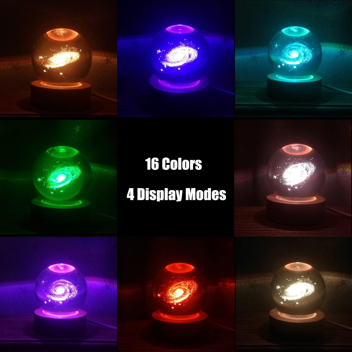 Gosyfeti Luz nocturna de bola de cristal 3D con base de madera, lámpara nocturna de bola de galaxia con control remoto de 16 colores, luz decorativa