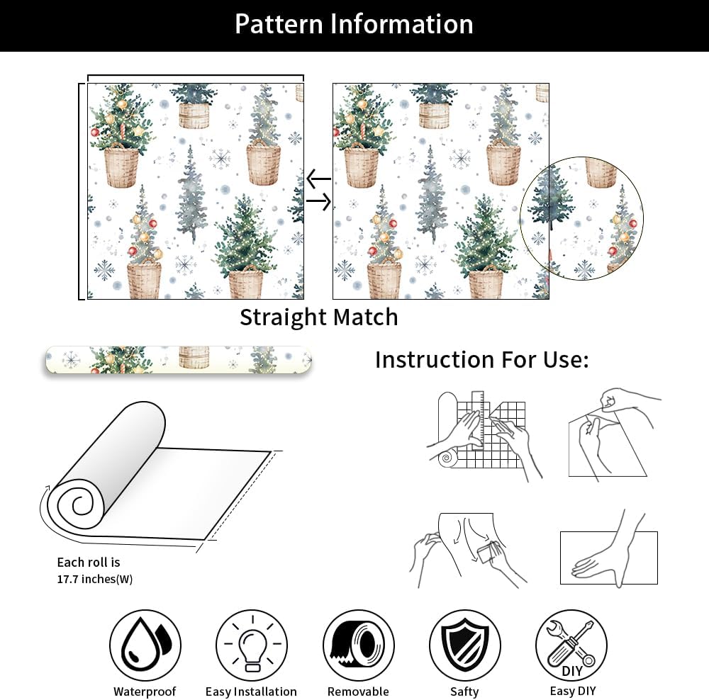 Macetas de árboles de Navidad de 18 x 236 pulgadas, papel tapiz autoadhesivo para despegar y pegar, papel de contacto extraíble, papel de pared