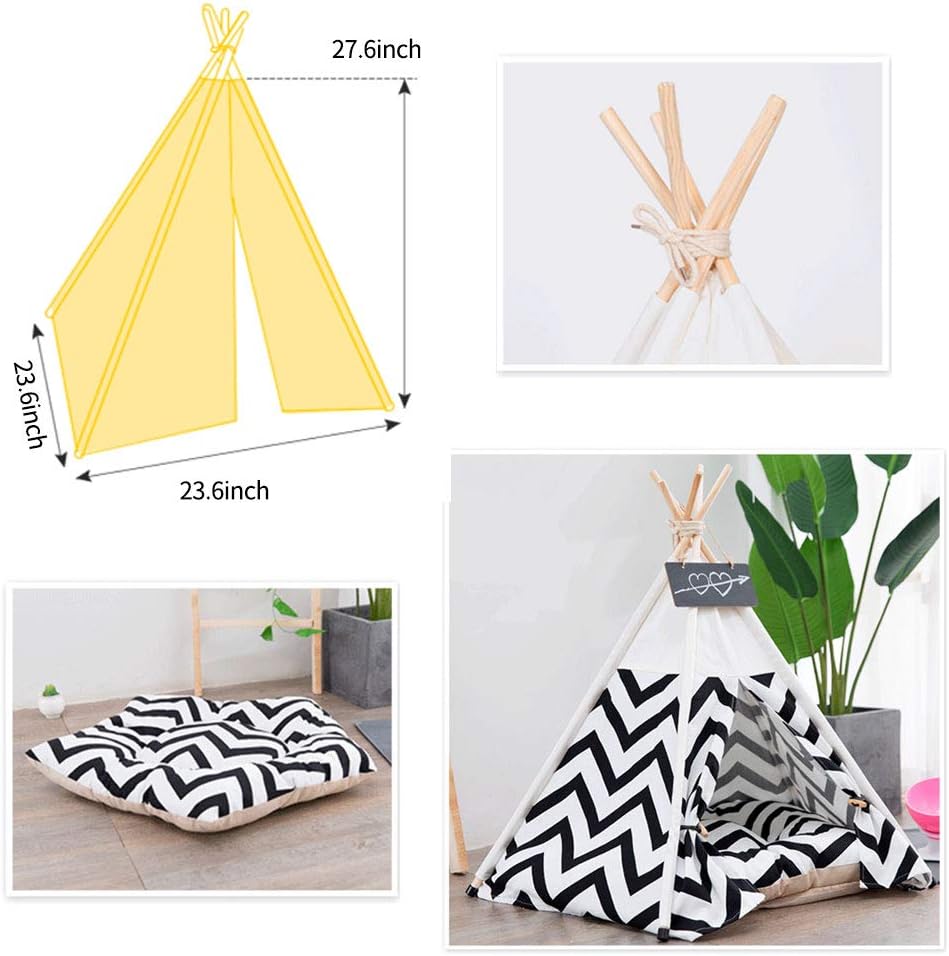 Tienda de campaña tipi para mascotas, para perros, cachorros, gatos, lona blanca, linda casa tipi para mascotas con cojín, 24 pulgadas, interior y
