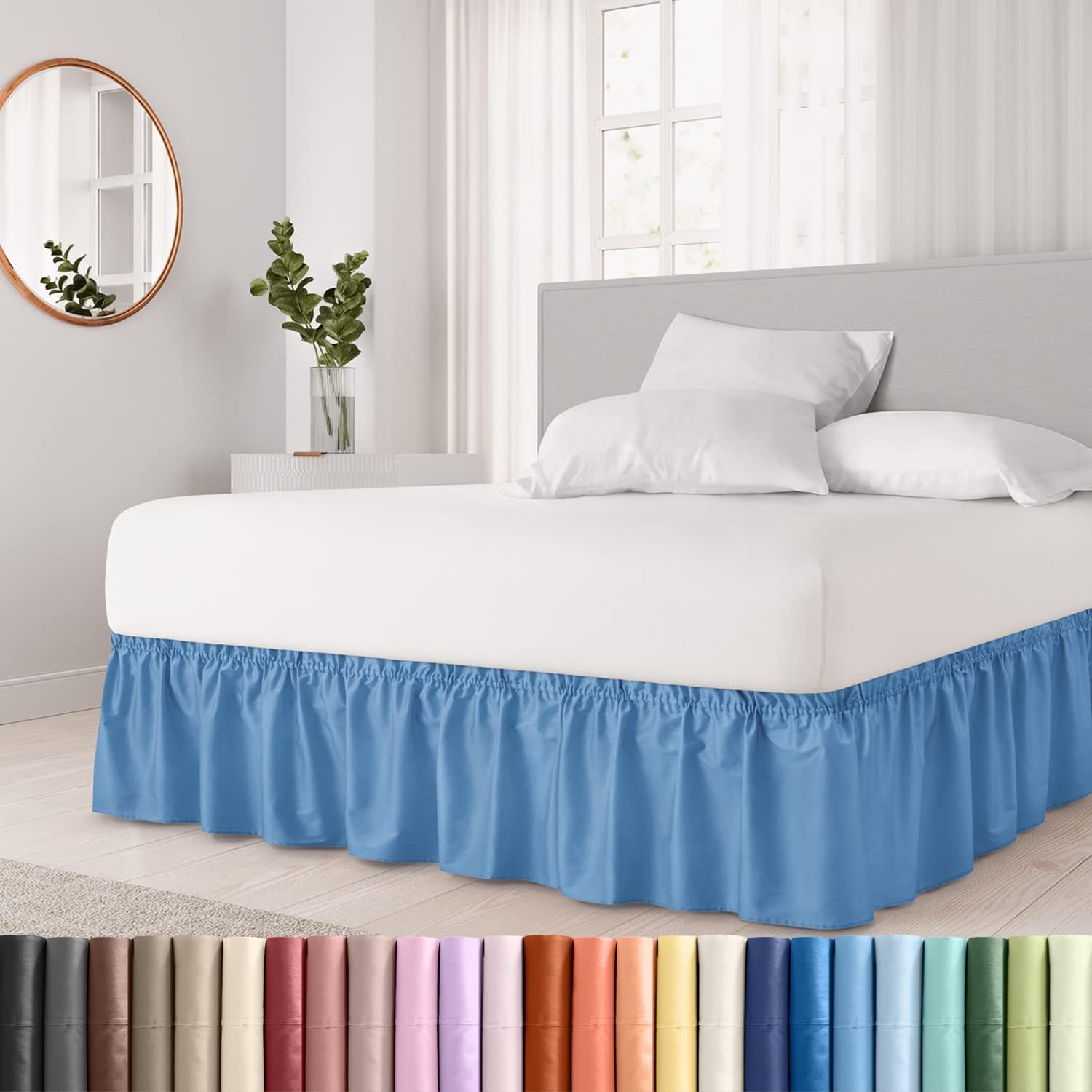 CGK Linens – Falda de cama envolvente con volantes, color azul mezclilla, para camas de tamaño matrimonial con caída de 18 pulgadas, correa elástica