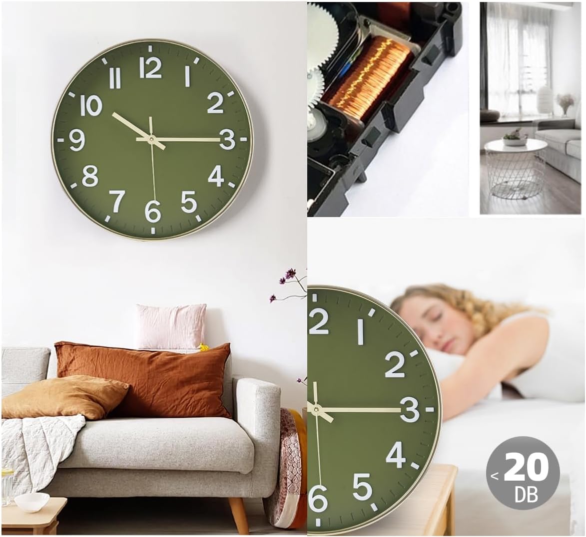 Reloj de pared de 12 pulgadas, moderno, redondo, silencioso, sin tictac, funciona con pilas y se aplica a dormitorio, sala de estar, sala de estudio