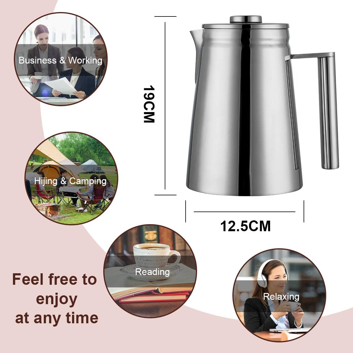 Meelio Cafetera pequeña de prensa francesa, prensa francesa con aislamiento de doble pared, acero inoxidable, incluye 4 fliters adicionales (27.1 fl