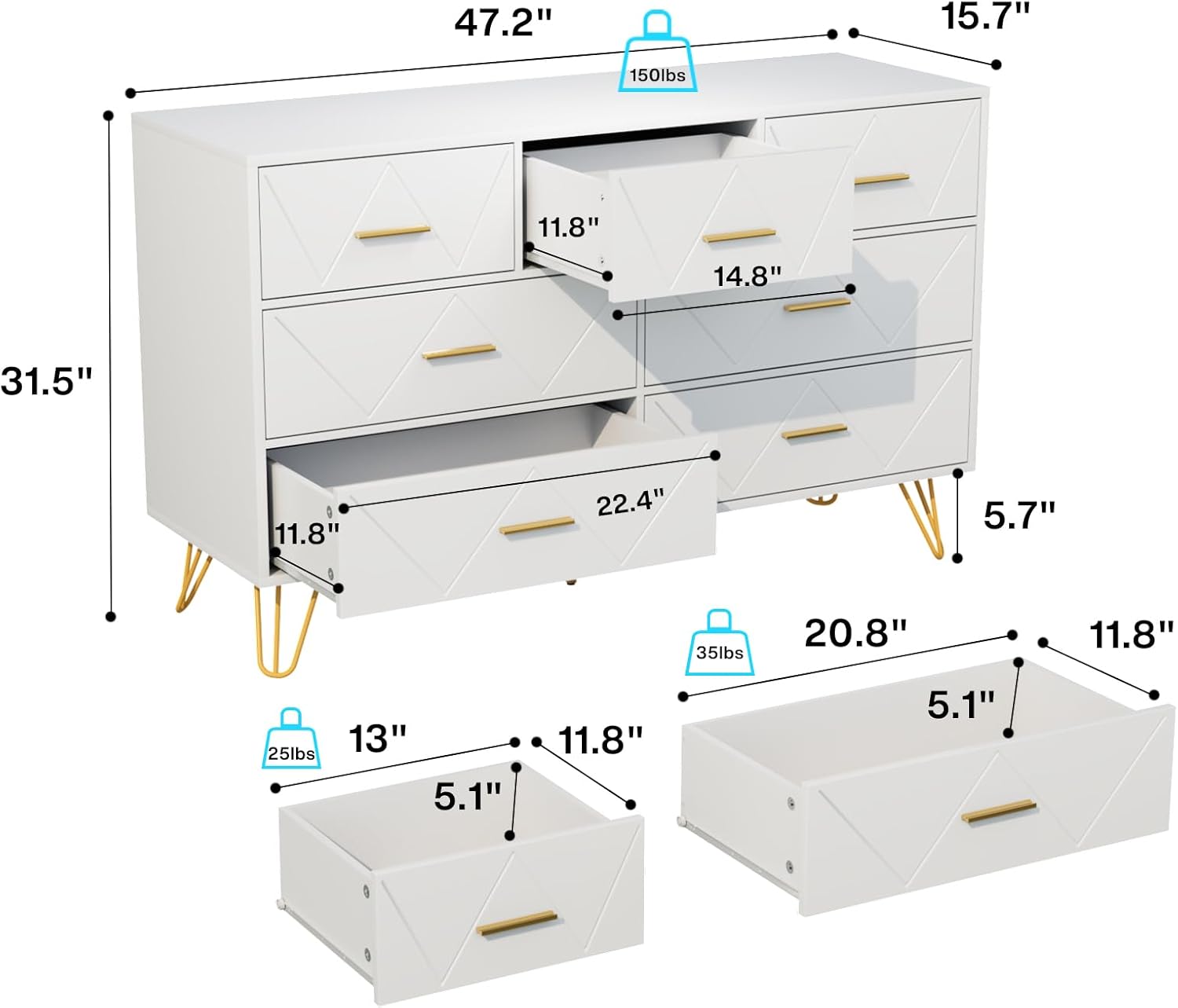 JOZZBY Cómoda para dormitorio, cómoda de 7 cajones, cómoda blanca con asas doradas, cómodas modernas y cómodas, cómoda para niños, para dormitorio,