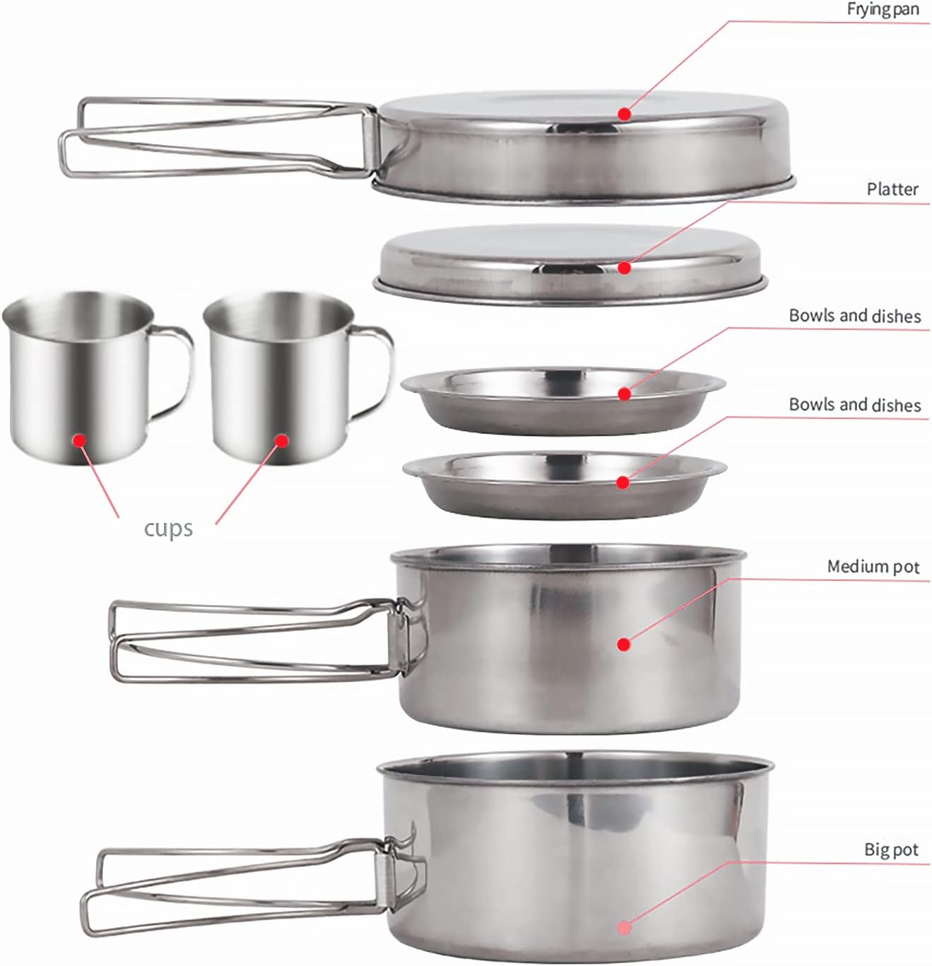 Juego de 8 utensilios de cocina para acampar para 2 personas, de acero inoxidable, compacto, juego de cocina, ligero, para mochilero, para acampar y
