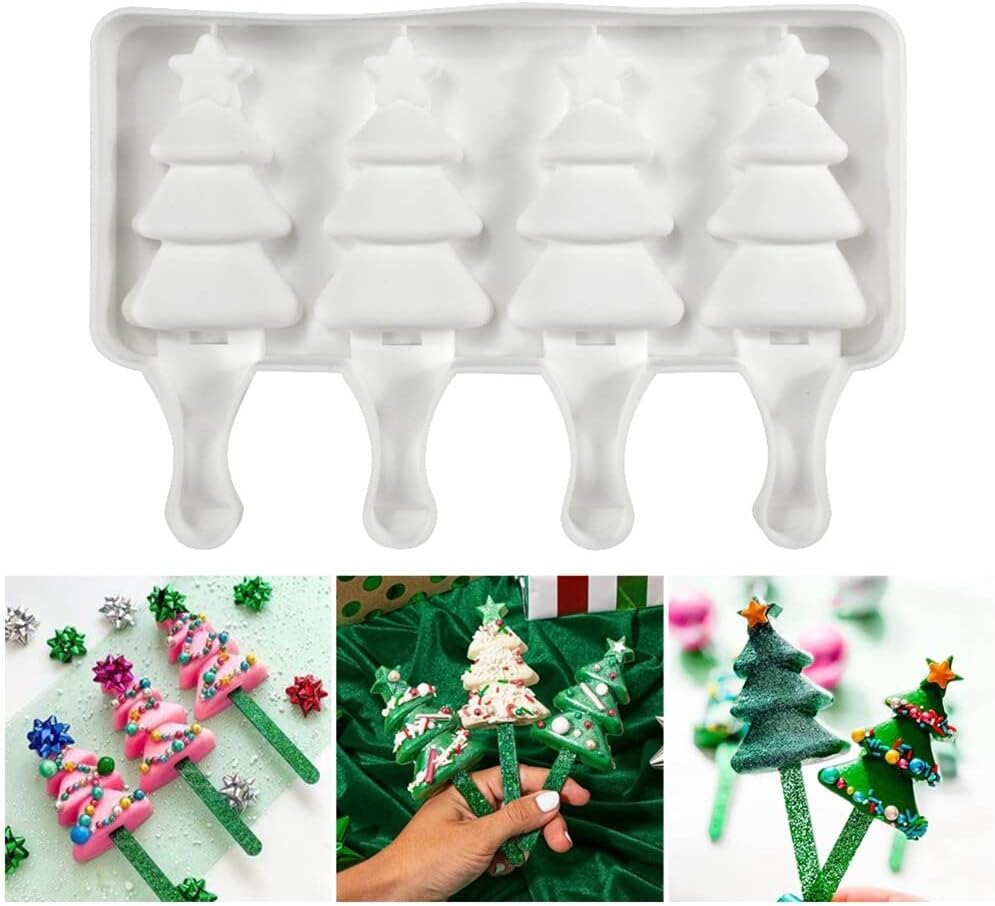 Moldes de paletas con forma de árbol de Navidad, moldes de silicona para paletas de 4 cavidades para niños y adultos, moldes para helados, moldes