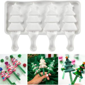 Moldes de paletas con forma de árbol de Navidad, moldes de silicona para paletas de 4 cavidades para niños y adultos, moldes para helados, moldes Moldes de paletas con forma de árbol de Navidad, moldes de silicona para paletas de 4 cavidades para niños y adultos, moldes para helados, moldes