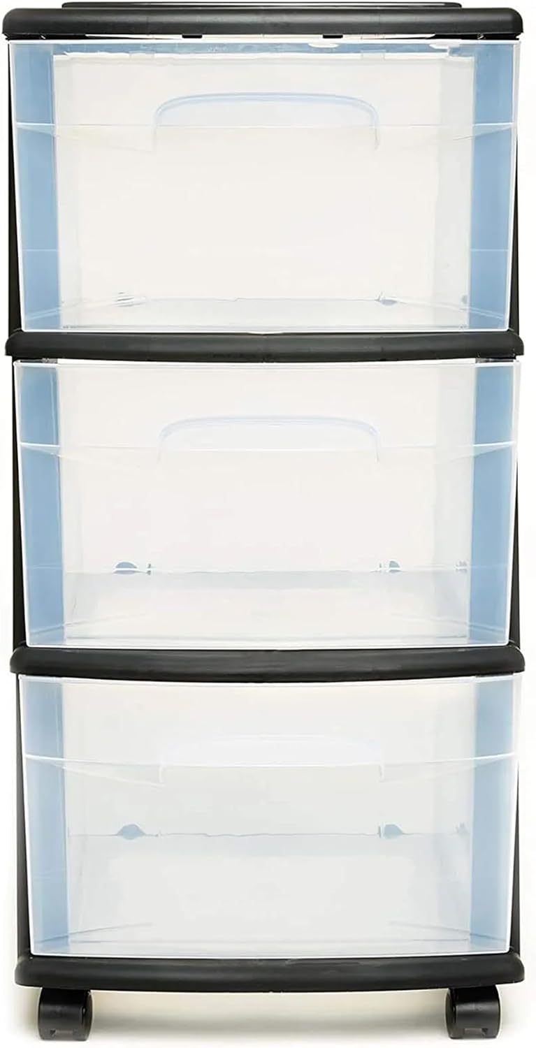 Homz Contenedor de plástico con 3 cajones transparentes medianos para organización del hogar con 3 cajones grandes con ruedas extraíbles, marco