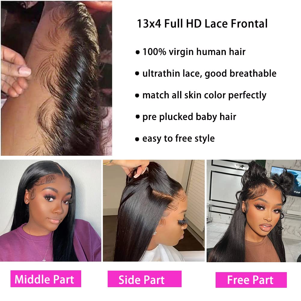 Cierre frontal de encaje, cabello humano lacio frontal de 13 x 4 de oreja a oreja, encaje frontal HD con abuelitos predepilados, densidad del 150%,