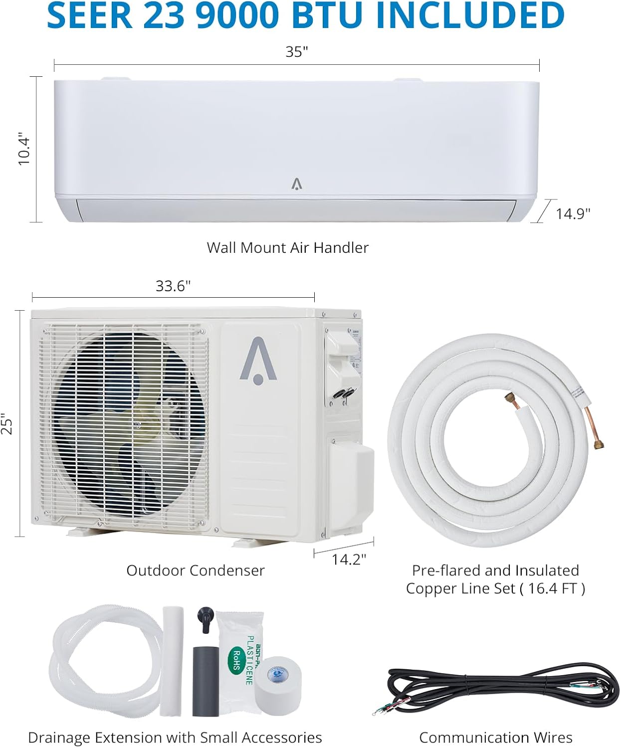 Mini sistema de calefacciónaire acondicionado dividido de 9,000 BTU, inversor de aire acondicionado dividido 23 SEER, enfría habitaciones de hasta
