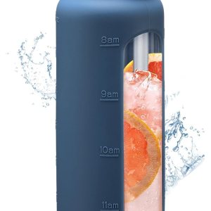BLUEGO Botella de agua de vidrio de 32 onzas con popote, botellas de agua motivacionales con marcador de tiempo y funda de silicona, botella de BLUEGO Botella de agua de vidrio de 32 onzas con popote, botellas de agua motivacionales con marcador de tiempo y funda de silicona, botella de