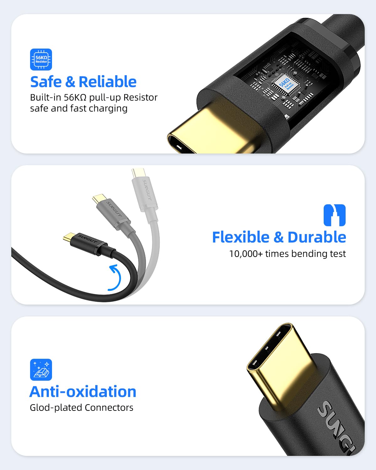 SUNGUY Cable USB C Android Auto de 1.5 pies, transferencia de datos USB C 3.1 Gen 2 de 10 Gbps, cable USB A a USB C CarPlay de carga rápida de 3 A,