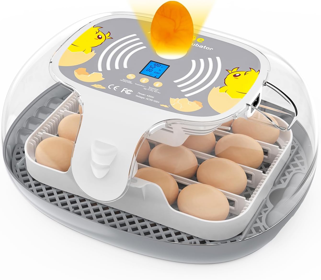 Apdoe Incubadora de 16 huevos para incubar huevos, pantalla de humedad y día de eclosión, girador automático de huevos, vela de huevos, divisores