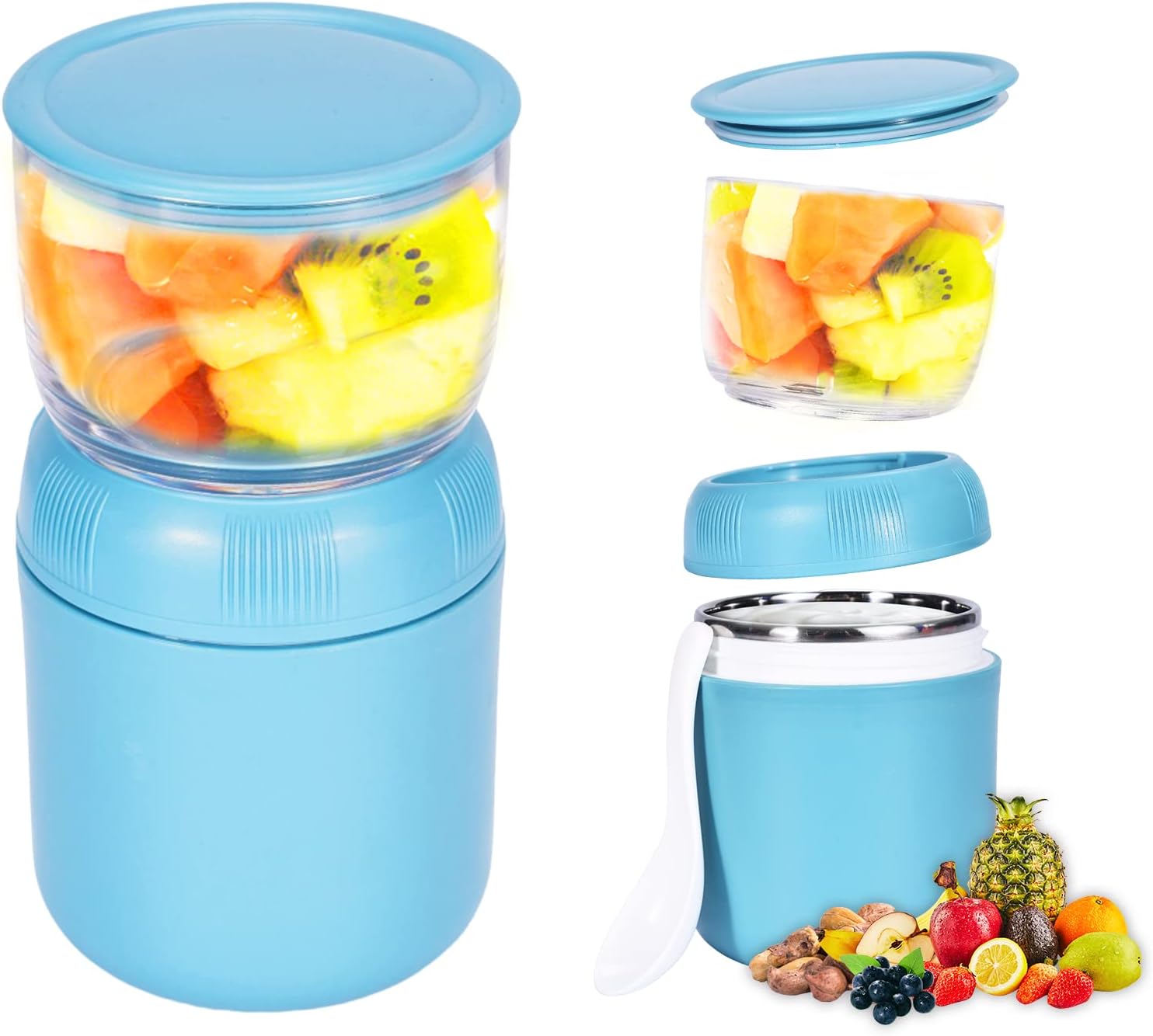 Blue – Juego de 3 soportes unisex para comidas, polipropileno y acero inoxidable, incluye cuenco para cereales, taza de leche y cuchara, apto para