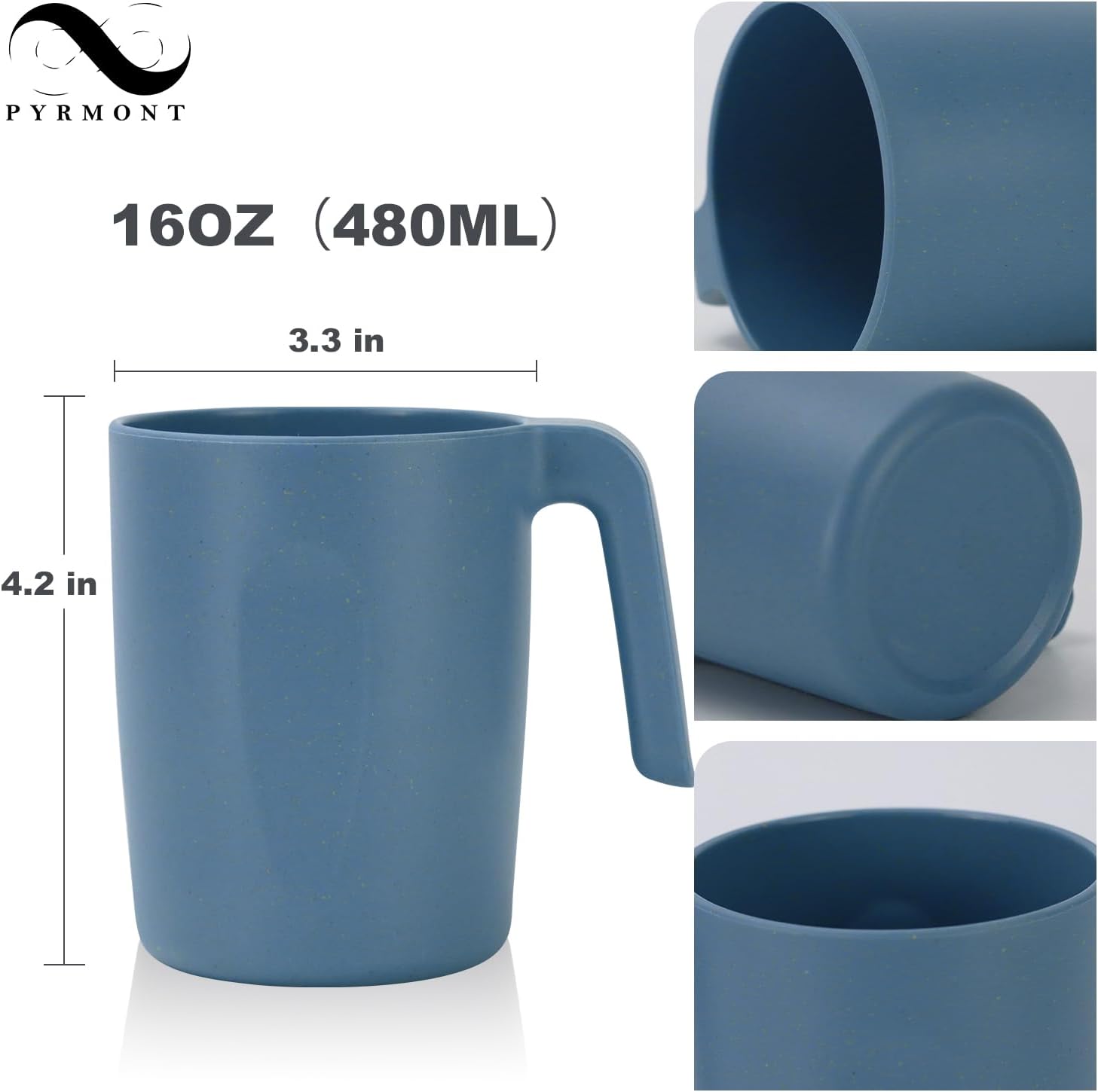 PYRMONT Juego de 6 tazas de paja de trigo, taza de café de plástico reutilizable, taza de té con asas, juego de tazas de 16 onzas para café,